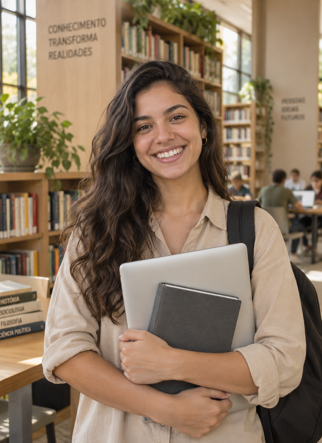 Estudante universitária satisfeita com notebook e caderno